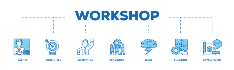 Workshop infographic icon flow process which consists of teacher, objectives, motivation, teamwork, ideas, solution, and development icon live stroke and easy to edit 