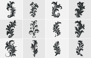Acanthus Vector black silhouette set, Decorative Ornament element silhouette bundle