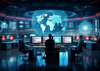 Engineer IT silhouette in big database server center in office. Ultra high speed data server transfer. Technology science background concept