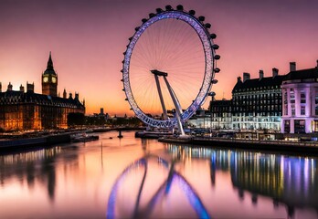 Luminous London Eye: Twilight's Reflections on the River - obrazy, fototapety, plakaty