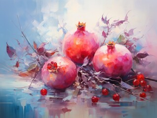 still life with pomegranate, impressionism style oil painting wall art poster - obrazy, fototapety, plakaty