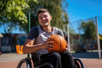 Indomitable strength personified by a cheerful man in a wheelchair, proudly gripping a basketball ball, eager to hit the court and embrace the joy of the game. Generated AI
