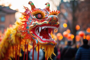 Traditional Chinese New Year joy as a dragon mask dances through a lively street filled with excited spectators. Generated AI - obrazy, fototapety, plakaty