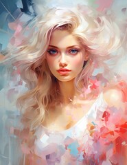 Beautiful woman with blond hair portrait in style of Abstract painting style, wall art poster