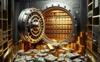 Open bank safe vault door with golden ingots peeking from inside