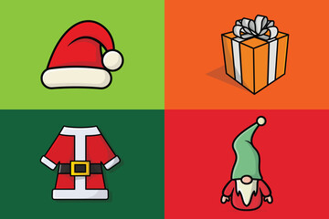 Christmas Celebration Objects collection vector illustration. Santa Claus, Santa Suit, gift box and Santa Cap Holiday and new year design concept. Christmas celebration icons design.