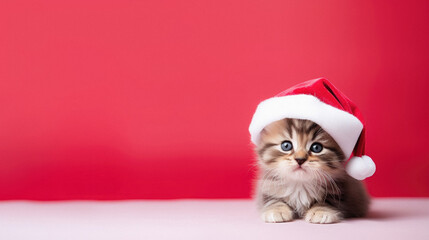 Cute siberian kitten in christmas hat on red background.