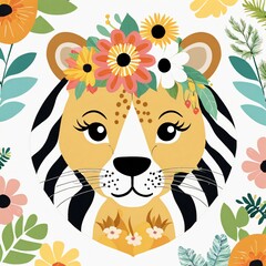 Floral Cute Baby Lion Nursery Illustration Generative Ai