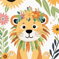 Obraz na płótnie Canvas Floral Cute Baby Lion Nursery Illustration Generative Ai