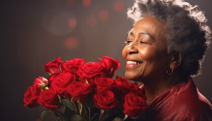 elderly black african woman with bouquet of red roses, valentine's day concept