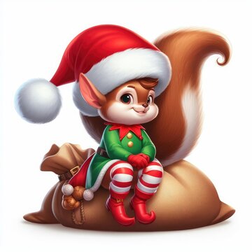 Christmas background with sanda elves,gifts and squirrels
