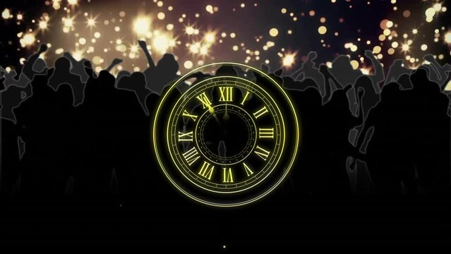 Animation of clock showing midnight and fireworks exploding on black background