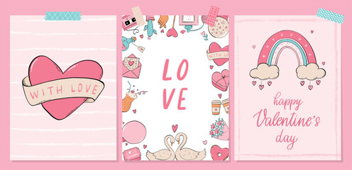 Valentine's day greeting cards, posters, prints, banners, wallpaper collection decorated with doodles and lettering quotes. EPS 10