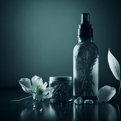 Bottles of cosmetic products with leaves and flowers