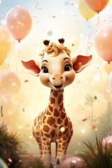 Cute giraffe with festive balloons, kids birthday party poster
