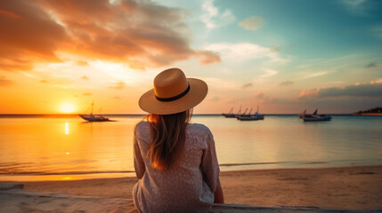 Seen from behind elegant middle age woman in white dress and straw hat on the beach at sunset walking. - obrazy, fototapety, plakaty