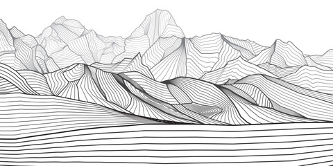 Abstract mountains outline illustration. Landscape Himalayas hills. Gray line on white background. Vector design art