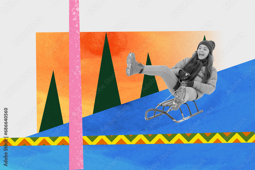 Sticker Collage artwork picture of cheerful funny teenager girl riding xmas sledges isolated graphical background