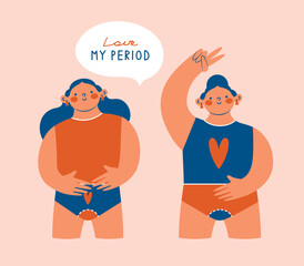 Women during menstruation, holding their bellies. Love my periods. Illustrations with young woman, in which the female period. Modern clip arts with girl, who show v-gest, peace gest. Women's health.