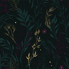 Floral vector pattern with golden sprigs on a dark background - 686640971