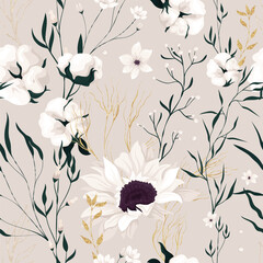 Floral vector pattern with golden sprigs on a light background - 686640984
