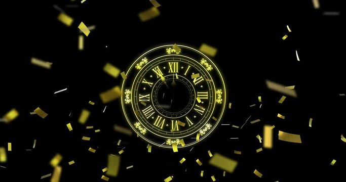Animation of clock showing midnight and fireworks exploding on black background