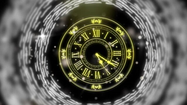 Animation of clock showing midnight and fireworks exploding on black background