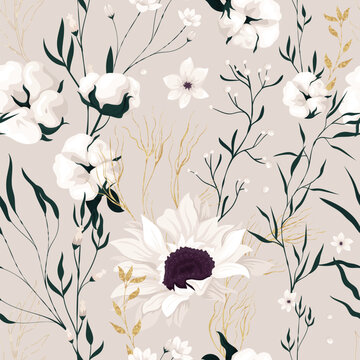 Floral vector pattern with golden sprigs on a light background