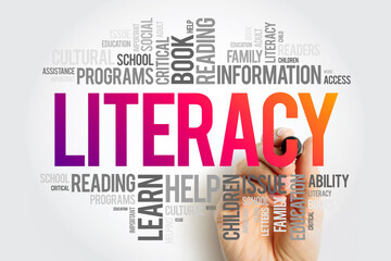 Literacy word cloud collage, education concept background