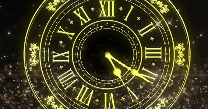 Animation of clock showing midnight and fireworks exploding on black background