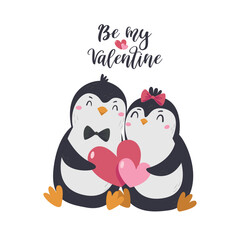 Postcard banner for Valentine's Day with cute penguins holding hearts.
