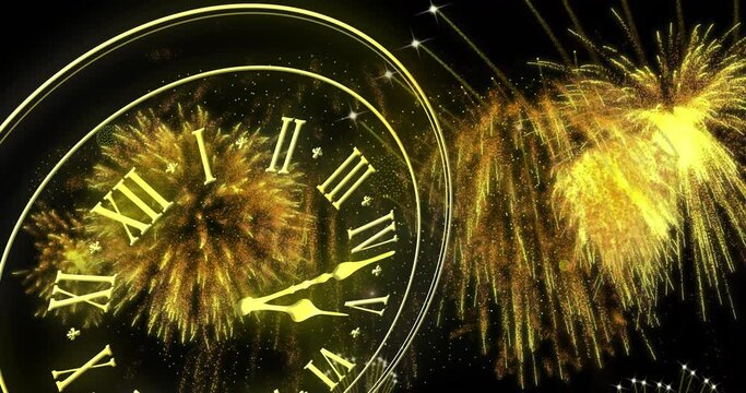 Animation of clock showing midnight and fireworks exploding on black background