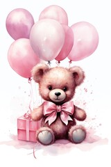 Cute bear with festive balloons, newborn kids birthday party poster