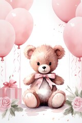 Cute bear with festive balloons, newborn kids birthday party poster