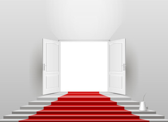 Obraz premium A 3D model of a staircase with a red carpet and an open door. Vector illustration.