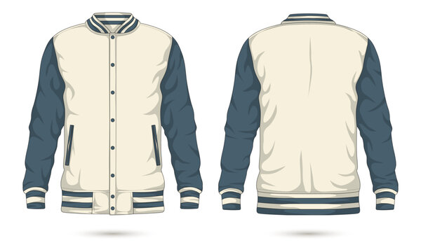 Buttoned varsity jacket mockup front and back view. Vector illustration