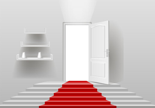 A 3D model of a staircase with a red carpet and an open door.
Vector illustration.