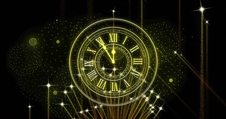 Animation of clock showing midnight and fireworks exploding on black background