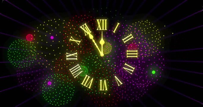Animation of clock showing midnight and fireworks exploding on black background