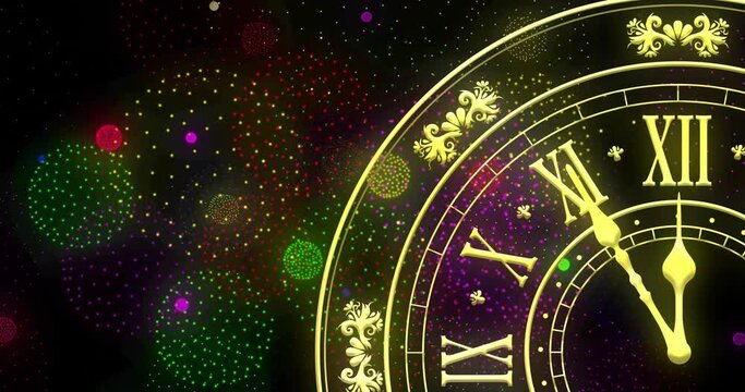 Animation of clock showing midnight and fireworks exploding on black background