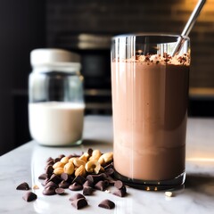 a glass of chocolate milk with a spoon next to a pile of chocolate chips