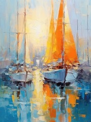 Sunset sailing boat on the sea in style of abstract oil painting, wall art poster decoration