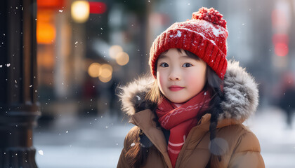 Chinese girl standing on the streets of the winter year, the concept of the new year