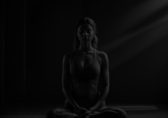 A woman in a yoga pose with a dark backdrop