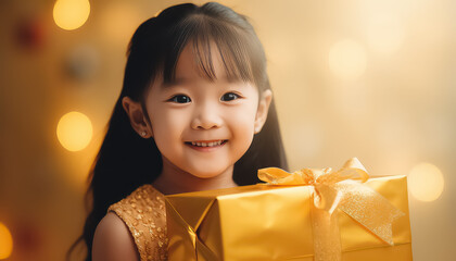 Chinese boy holding a gift in his hand, the concept of the New Year