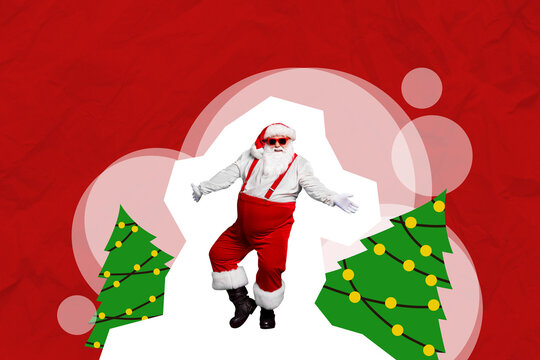 Collage artwork graphics picture of carefree funky claus choosing xmas tree isolated painting red color background