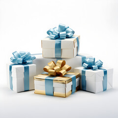 A collection of white and blue gift wrapped Christmas.