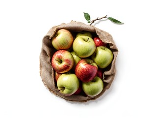 A mix of red and green apples spilling out of a rustic sack