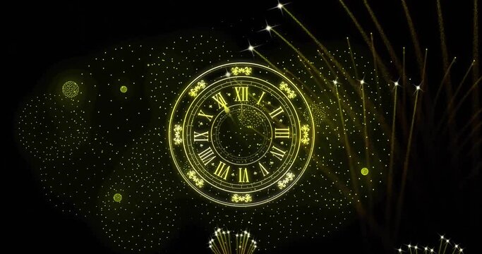 Animation of clock showing midnight and fireworks exploding on black background