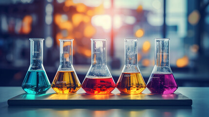 Chemical laboratory glassware with various colored liquids on table - obrazy, fototapety, plakaty